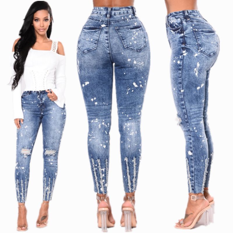 Nueva Moda Azul Destroyed Ripped Slim Denim Pantalones Vaqueros Pantalones Para Mujer Diario Casual Jean para Mujer S18101604