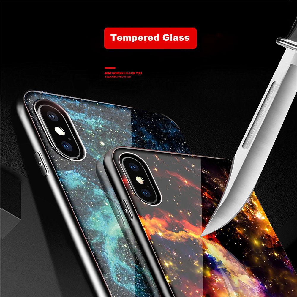 Housse Pour Mobile Trempé Verre En Arrière Couverture Téléphone Cas Tpu Avec Luxe étoile Ciel Peinture Conception Téléphone Portable Peau Pour Iphone