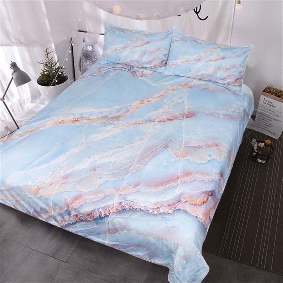 Bedding Set Abstract Blue Rose Gold Pink Marble Texture Natural
