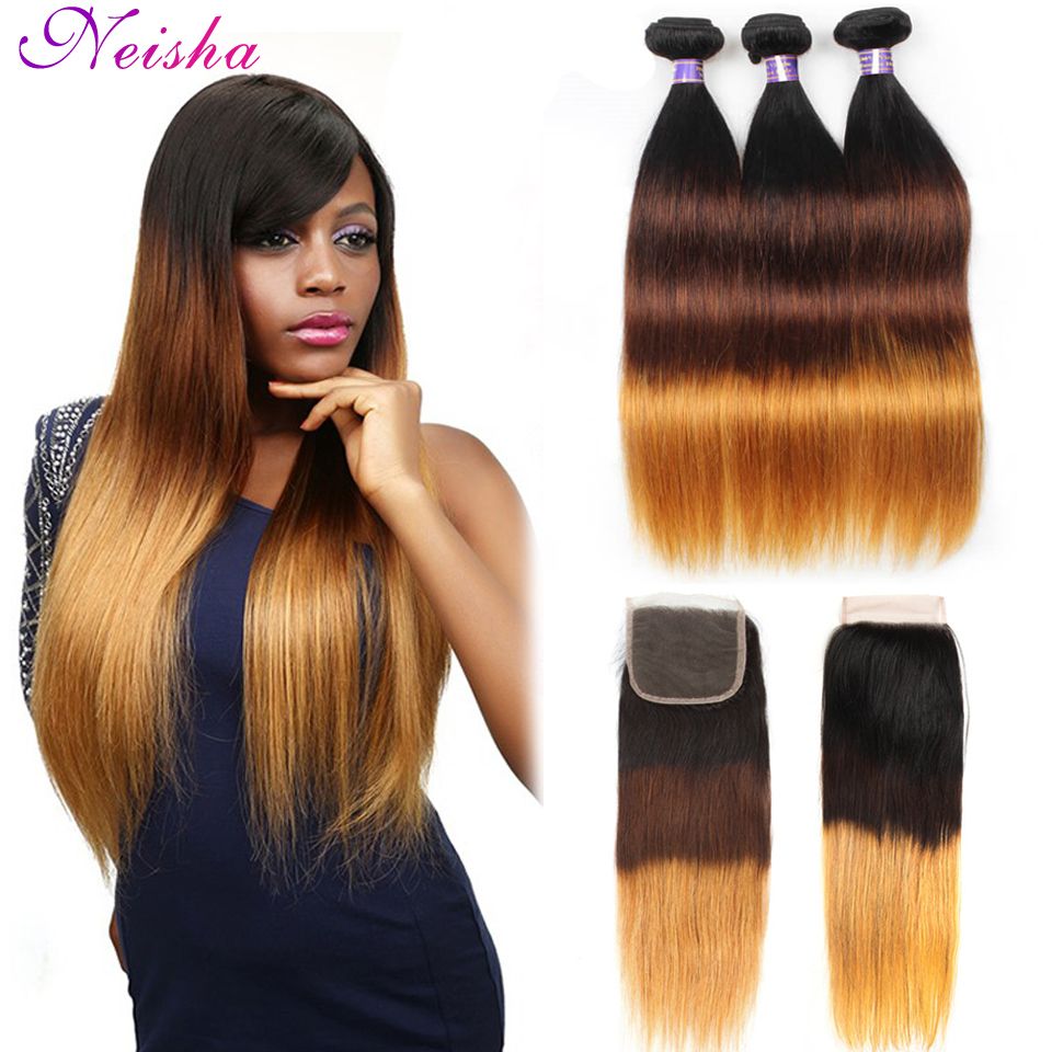 2019 3 Tone Ombre Bundles With Closure Brazilian Virgin Ombre
