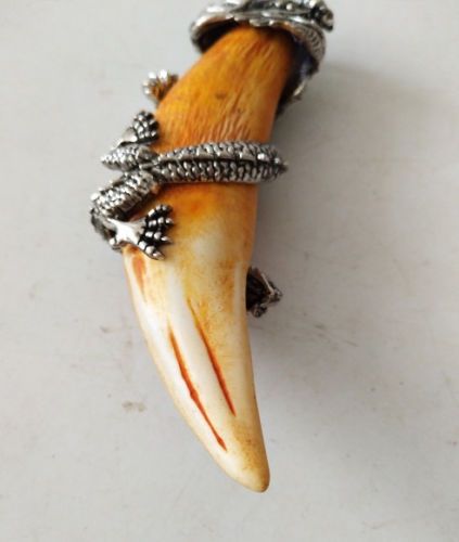 Chinese archaize Boars Tooth Wild Hog Silver Dragon protective talisman Pendant