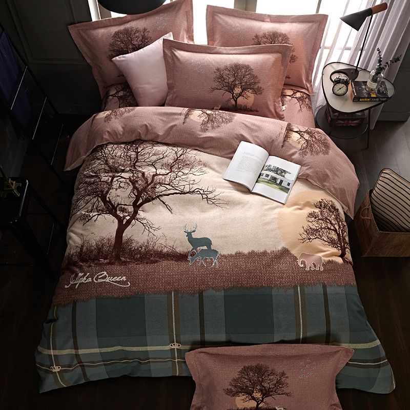 Nordic Plaid Deer Bedding Set Queen King Size Winter Brushed