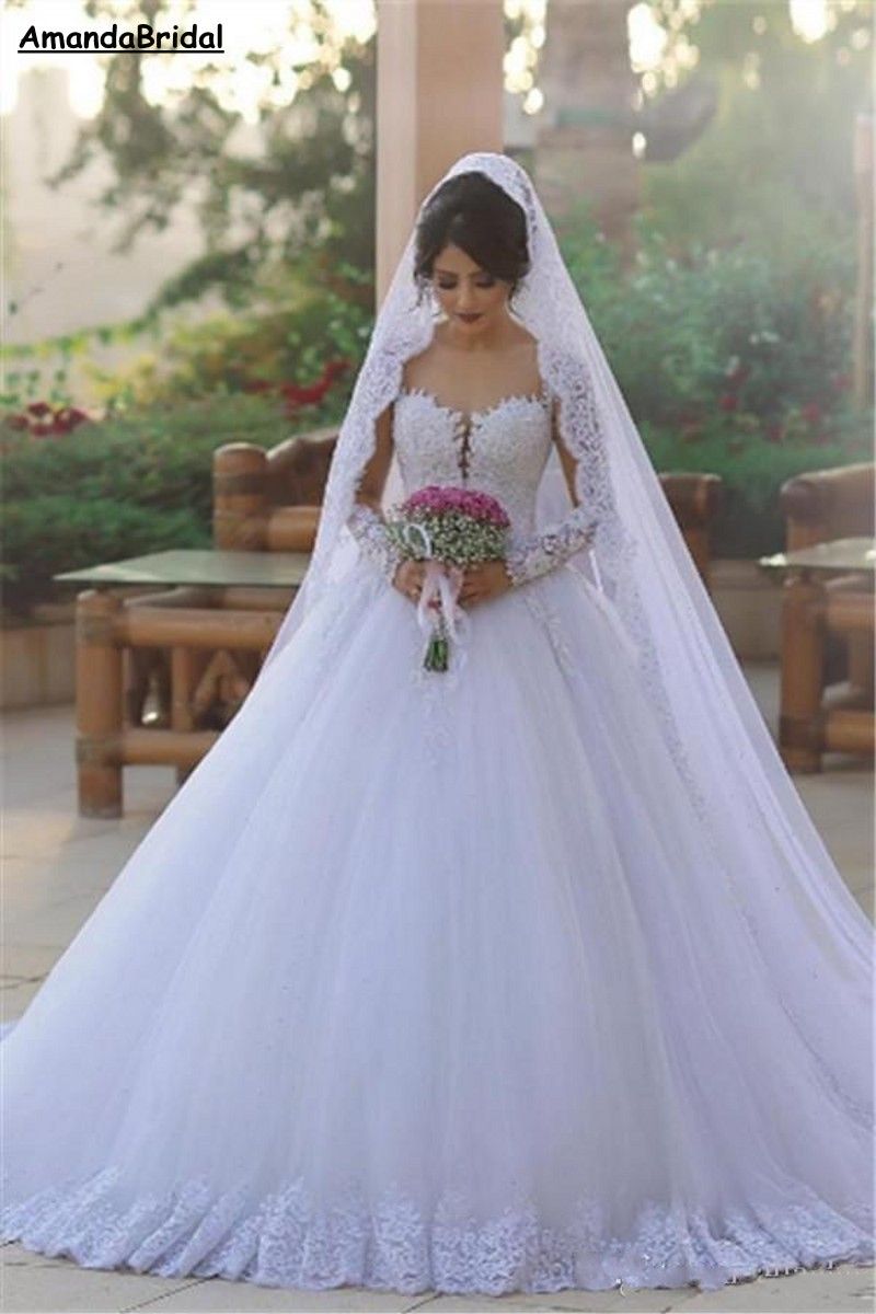 Compra AmandabRidal 2019 Vestidos De Boda Elegantes De Encaje Cariño De  Manga Larga Para Tribunal De Tren Apliques De Abalorios Jardín De Novia  Vestidos De Novia Con Velos 3M Barato | Entrega