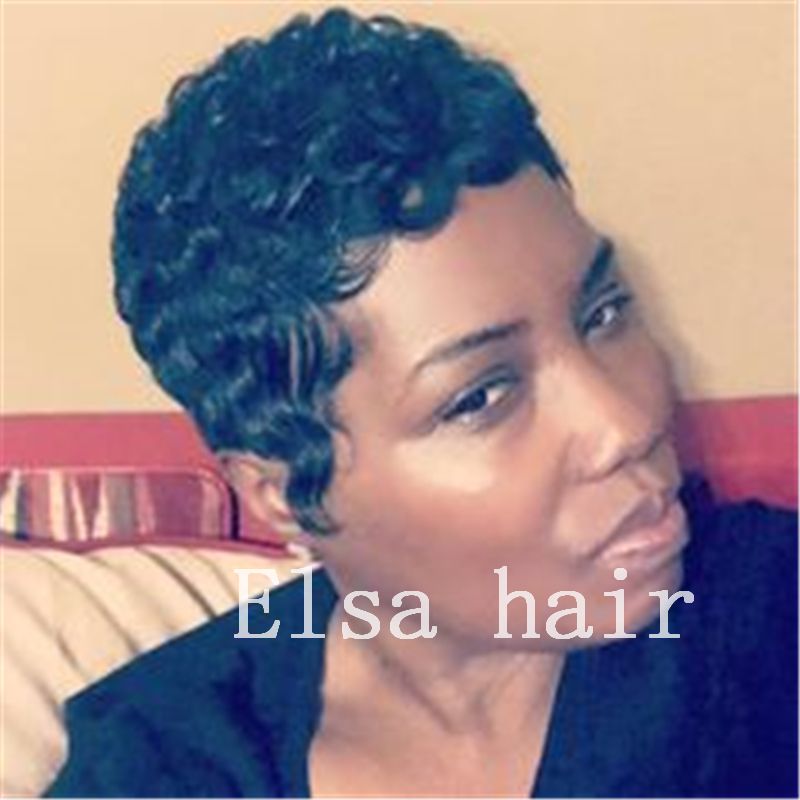 Black short hairstyles finger waves hairstyles capless human hair wigs for  black woman None lace full wigs