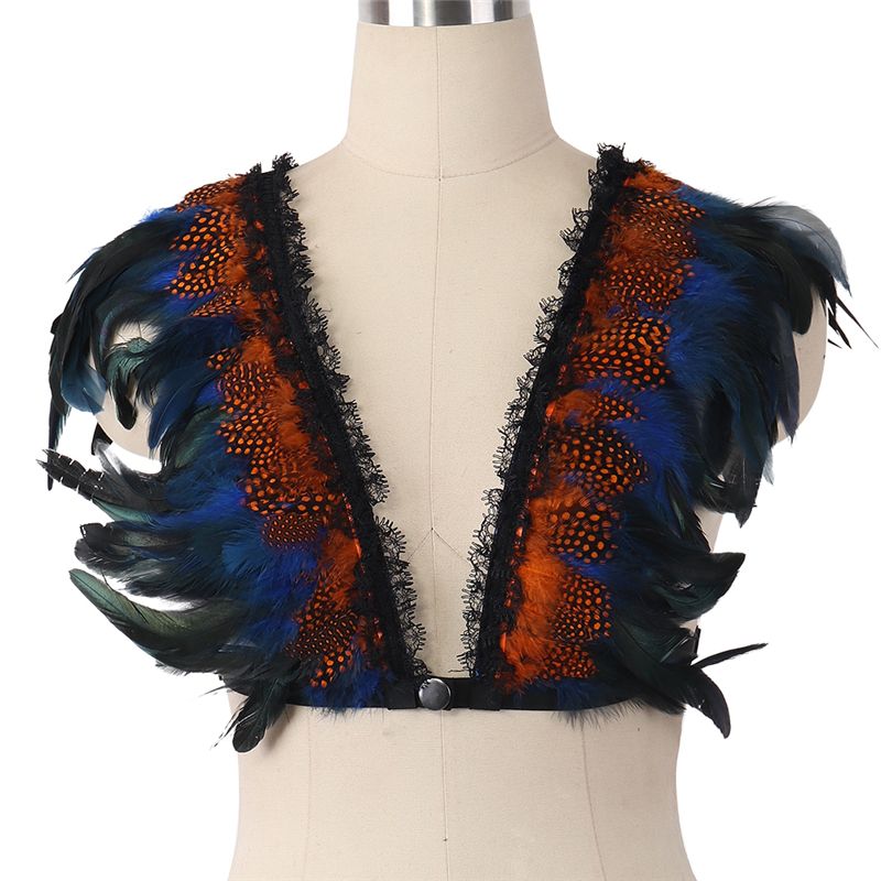 Feather Body Harness Top Cage Bra Black Plus Size Fetish Burning Man Art Festival Clothing for Women Punk Goth Lingerie 