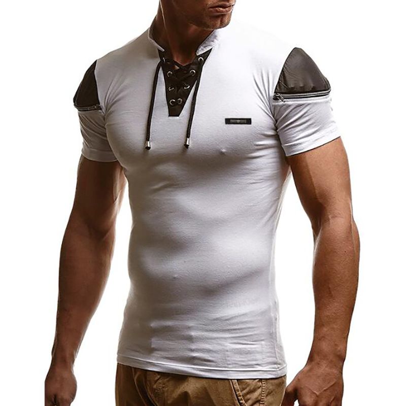 Satin Al Erkek Seksi Bandaj Oymak Beyaz V Boyun T Gomlek Erkek Patchwork Deri T Shirt Erkekler Hip Hop Streetwear Fermuar Tee Tops Tl123 84 Dhgate Comda