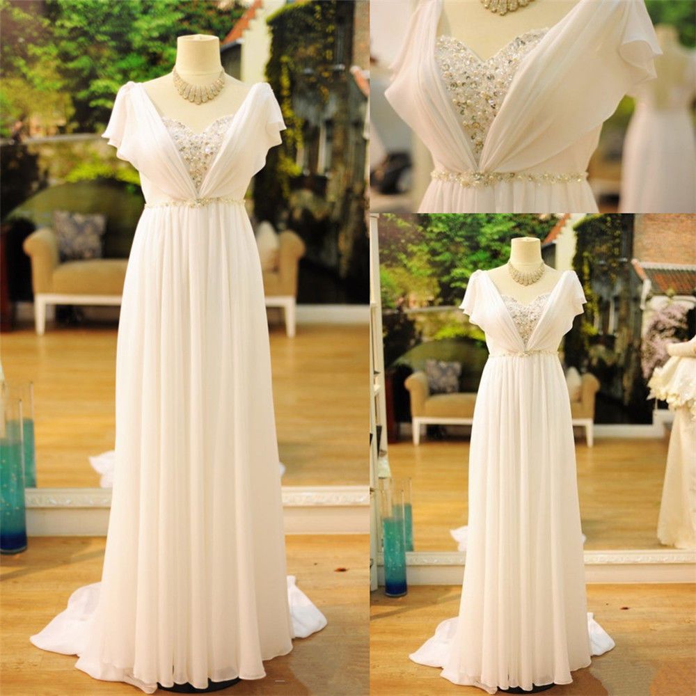 DiscountWhite/Ivory Long Beach Chiffon Wedding Dresses Capped Sleeves
