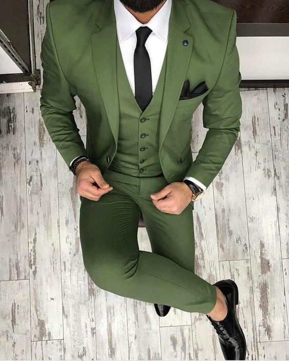 Two Buttons Groomsmen Olive Green Groom Tuxedos Notch Lapel Men Suits ...