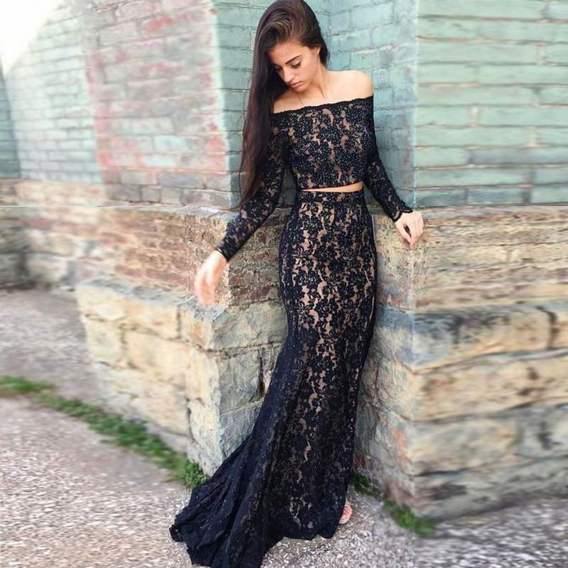 long sleeve lace two piece prom dress