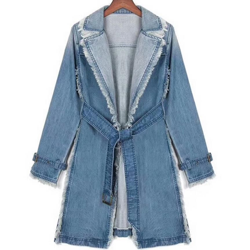 Long Denim Trench Coat Women Outerwear 
