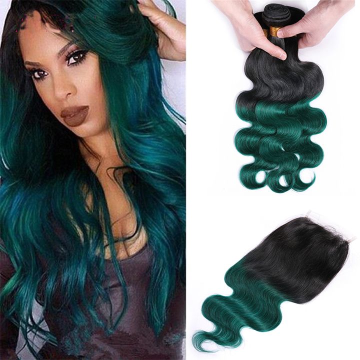 Brazilian Body Wave Curly Human Hair 1b Green Hair Extensions 3