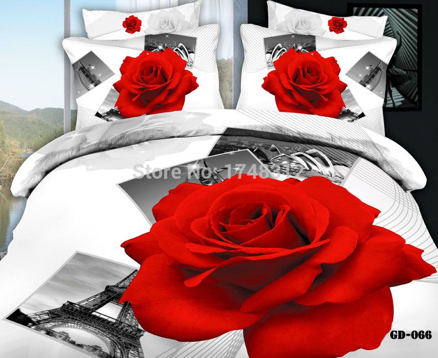 New Luxury Red Rose And Paris Eiffel Tower Bedding Duvet Cover Bed