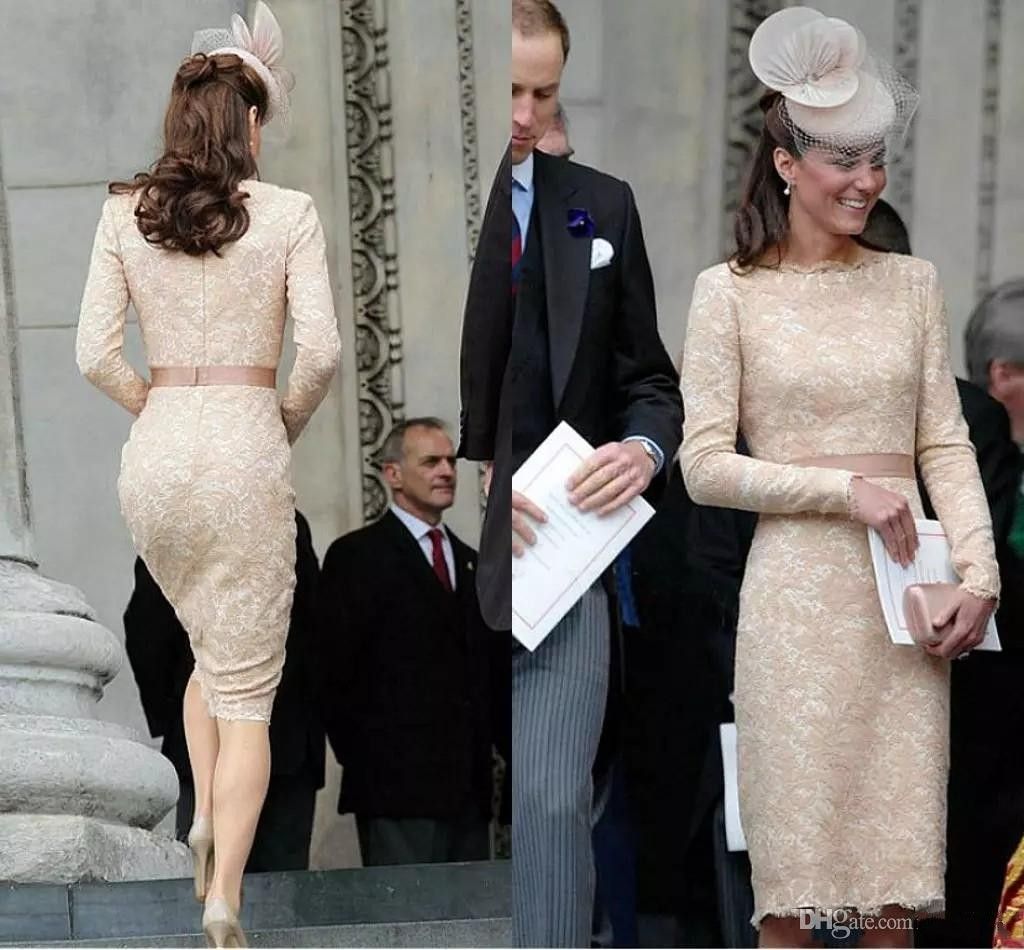 Großhandel Elegante Kate Middleton Champagne Kurze Abendkleider Für Frauen Tragen Knielange Spitze Langarm Promi Cocktail Formelle Kleider Von Großhandel Elegante Kate Middleton Champagne Kurze Abendkleider Für Frauen Tragen Knielange Spitze Langarm Promi Cocktail Formelle Kleider Von
