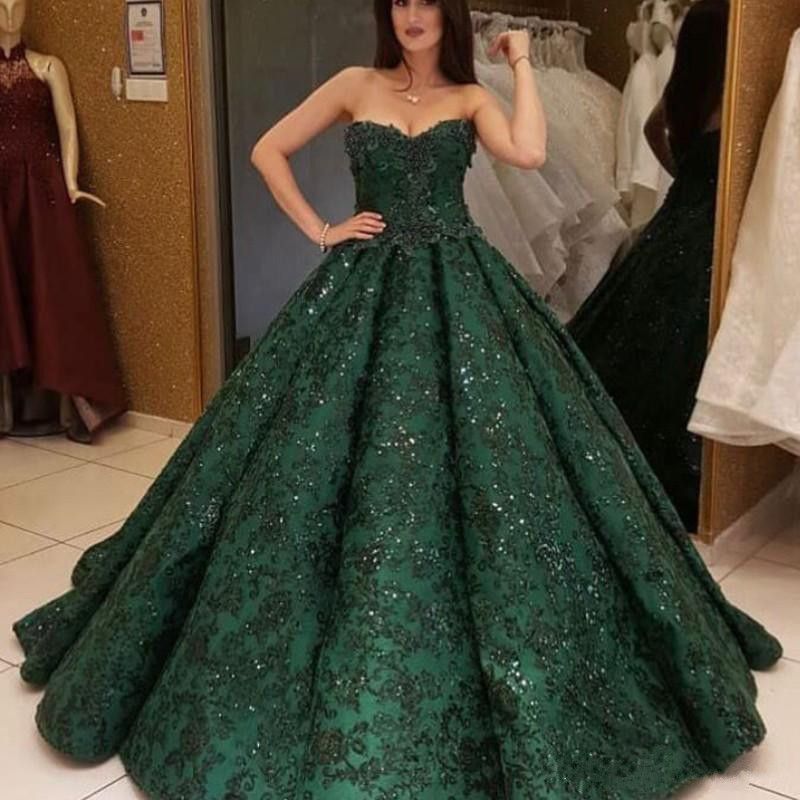 Dark Green Lace Ball Gown Prom Dresses 
