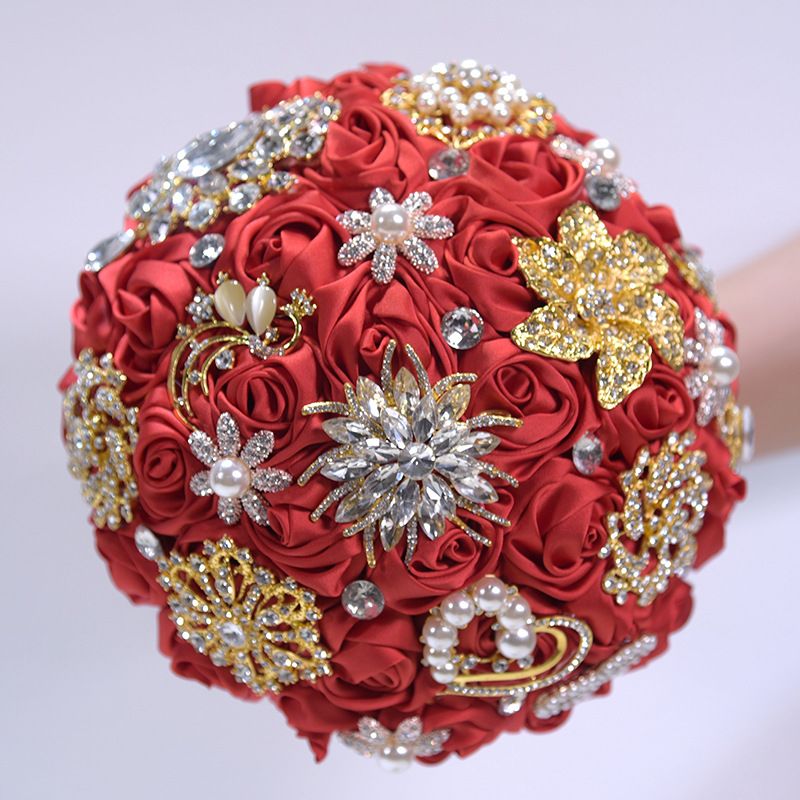 19cm Upscale Luxury Gold Rhinestone Wedding Flower Bouquet Pearl
