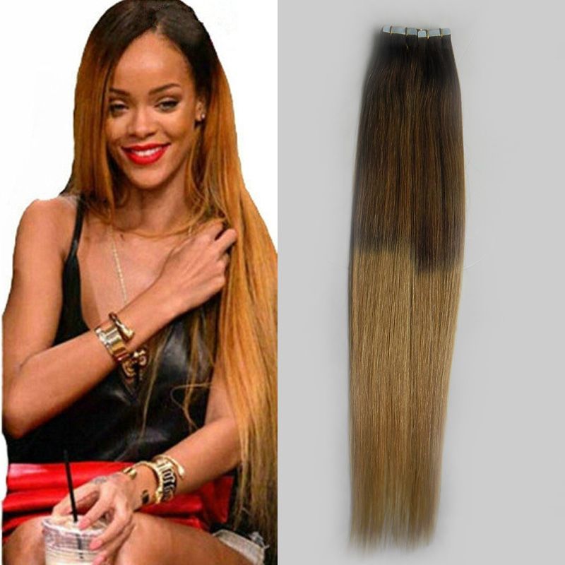 Tape Hair T2 27 Medium Brown Of Honey Blonde Ombre Tape Extensions