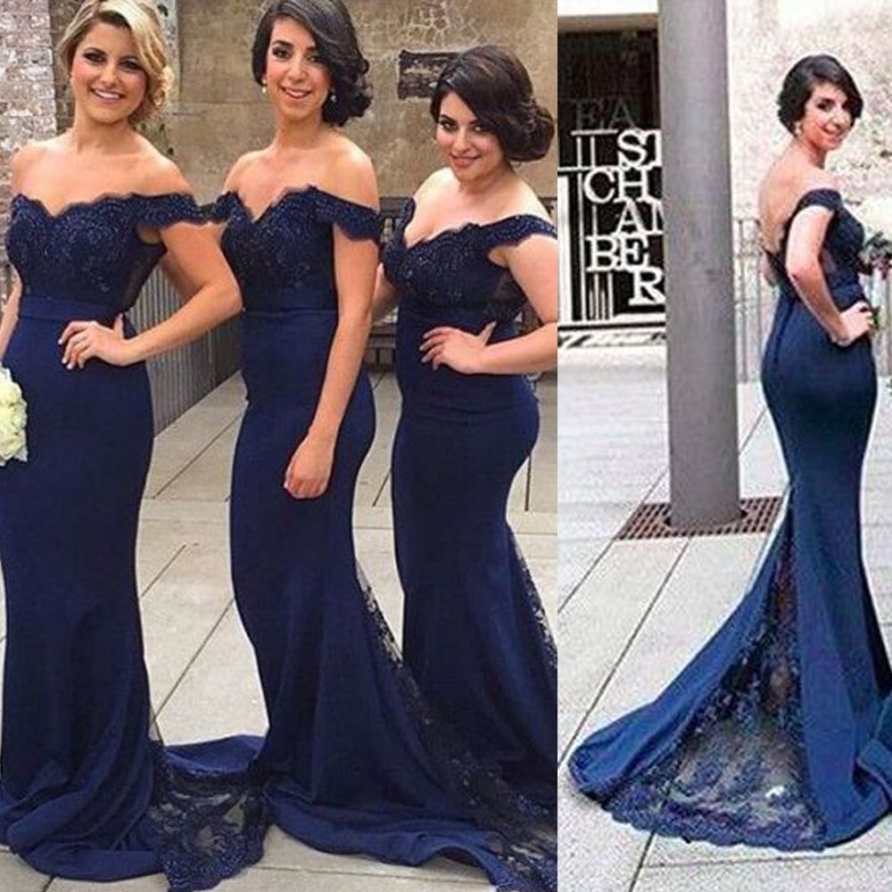 Vestidos de dama de honor de encaje azul marino fuera del hombro apliques de encaje tren Vestidos de dama de honor de encaje azul marino fuera del hombro apliques de encaje tren