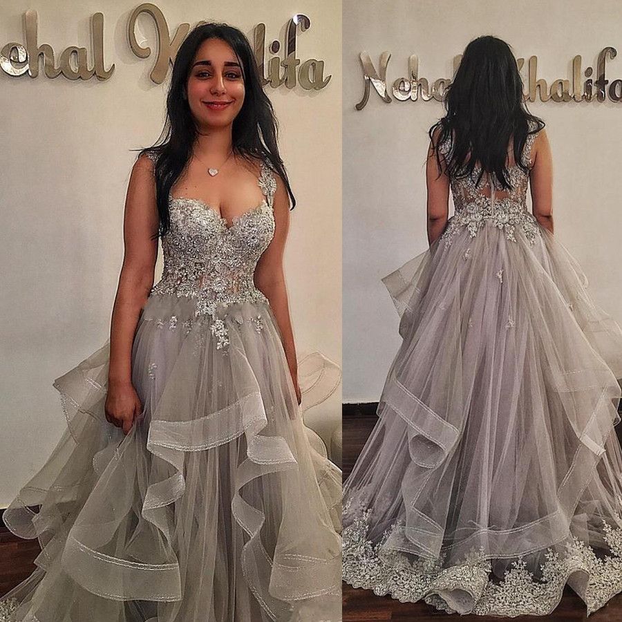 silver beaded evening gown