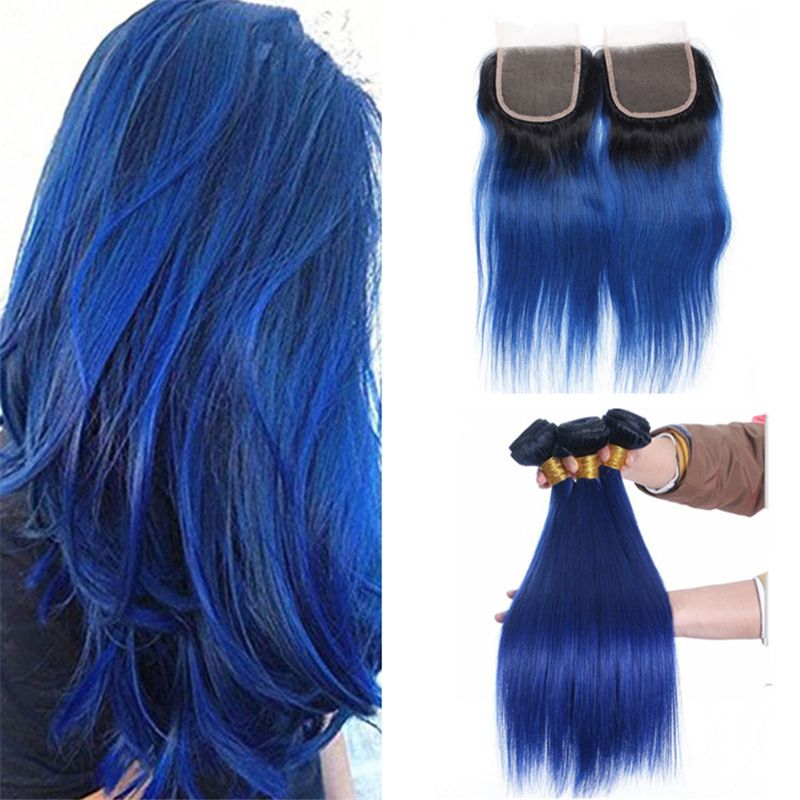 2019 Two Tone 1b Blue Ombre Straight Hair Bundles With Lace