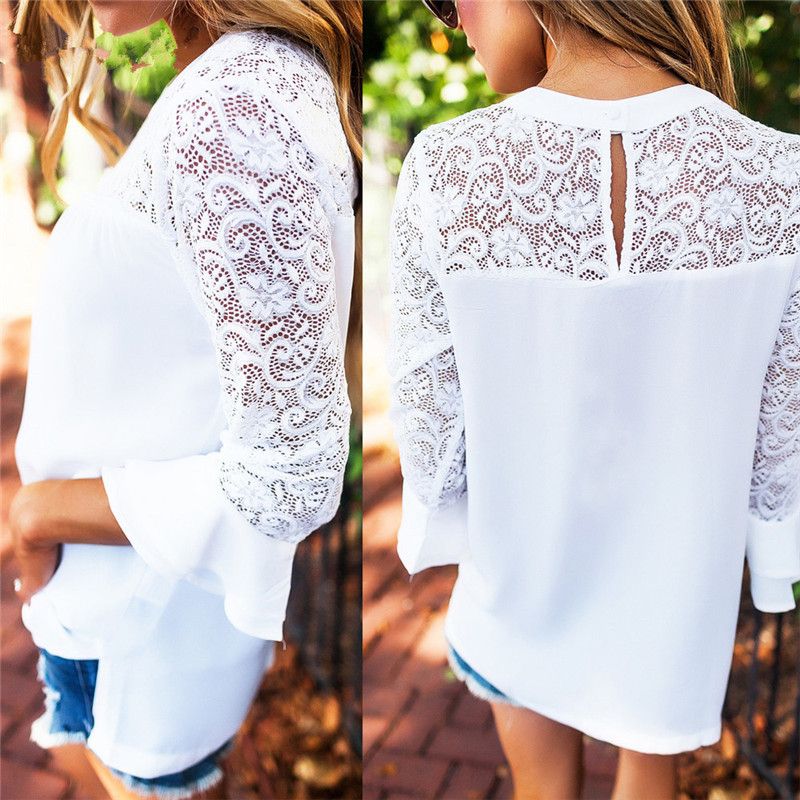 Acquistare Maglietta Elegante Della Signora 3/4 Flare Sleeve Maglietta  Bianca Delle Donne Lavorate Alluncinetto Del Merletto Delle Donne Casuali  Delle Magliette Allentate Della Maglietta Delle Donne Di Estate Economico |  Consegna Veloce