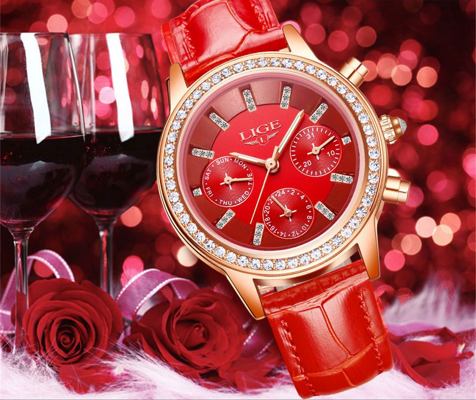 2019 New Hot LIGE Marken Handel Damen Kleider Uhren Damen Wasserdichte Leder-Quarz-Uhr-Frauen-Mode-Diamant-Uhren Relogio