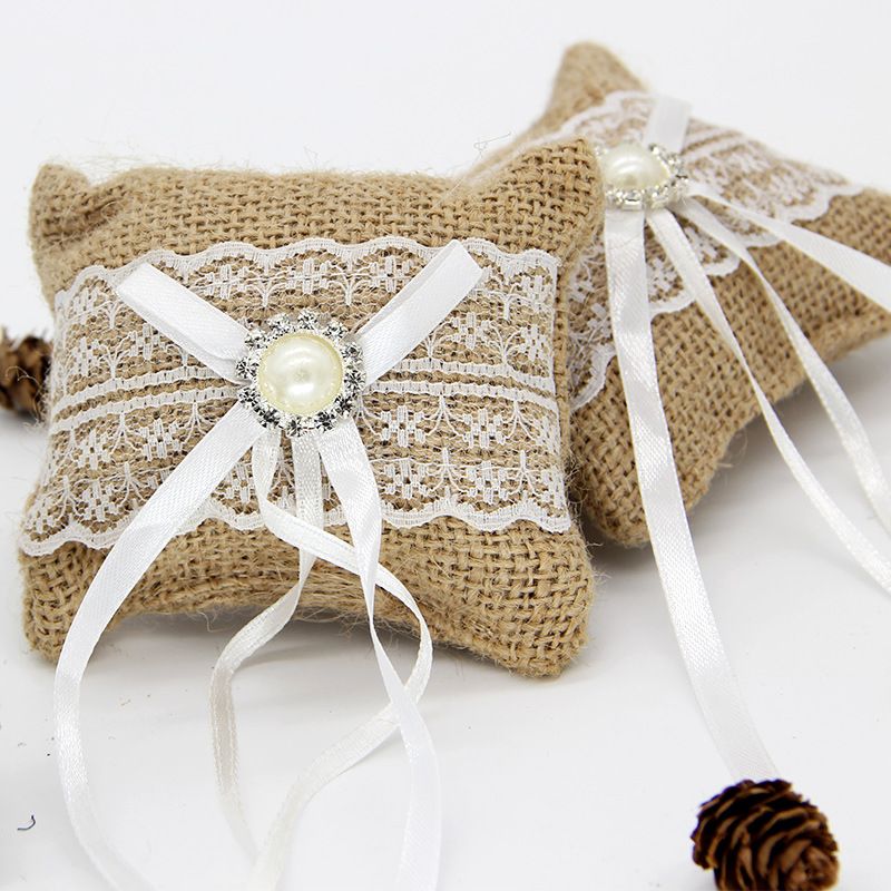 2019 Hessian Burlap Wedding Ring Bearer Pillow Cushion Brown From
