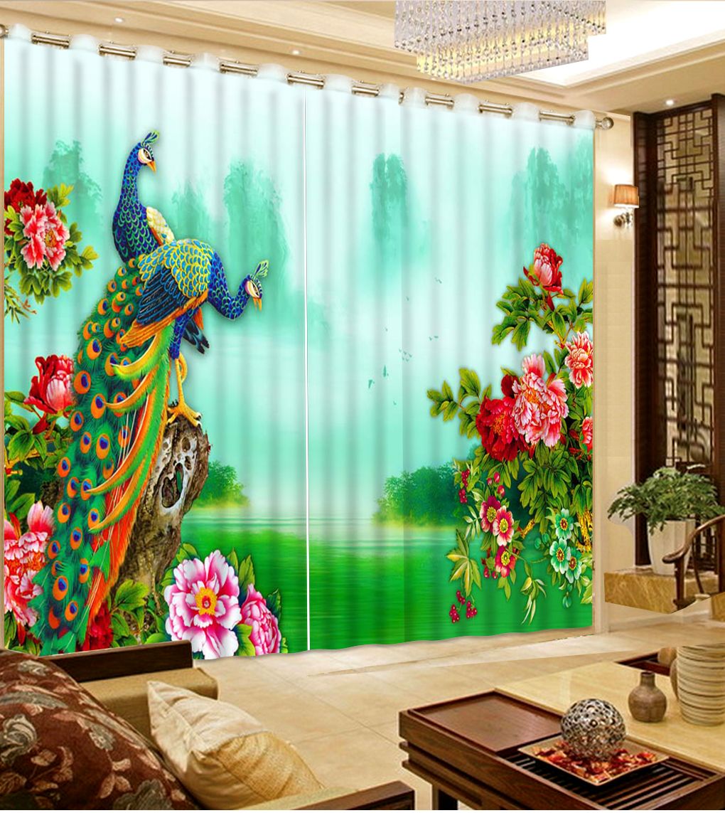 2019 Custom Blackout Curtains For Living Room Peacock Flowers 3d