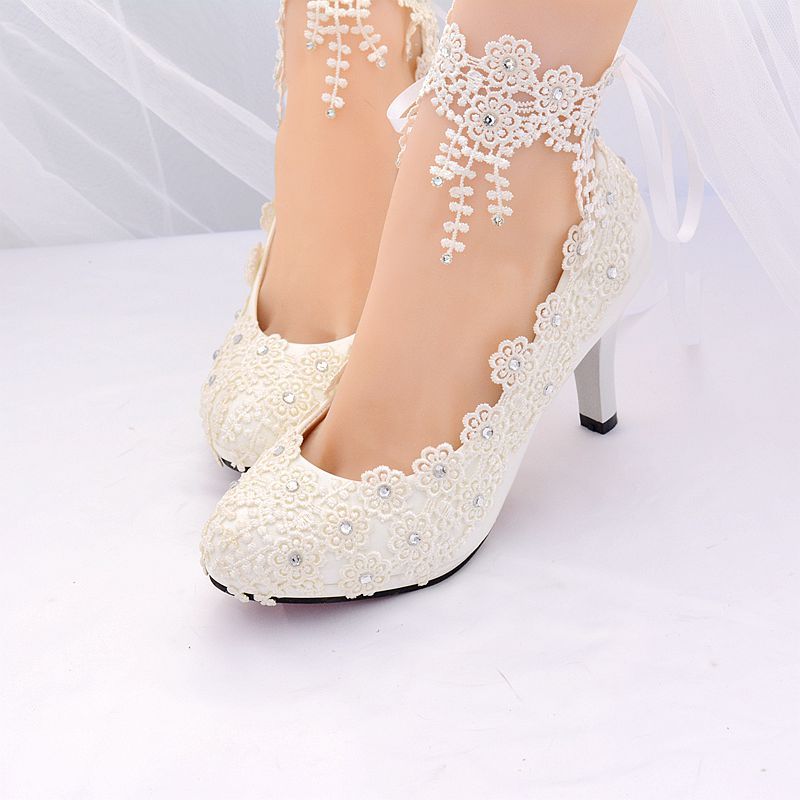 Nuevos zapatos de mujer de boda encaje blancos Zapatos de de honor