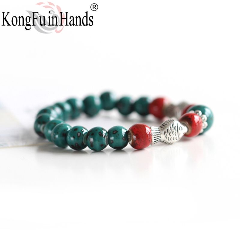 Lucky hecho a mano grano de cerámica Cadena Rojo Y Verde Brazalete Pulsera Joyas Regalo