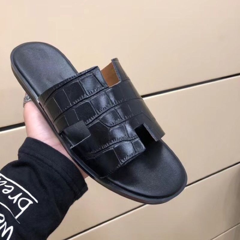 Acheter Paris Sandals 2018 Vente Chaude Flip Flop Mocassins Logo De La Mode Crocodile Grained Chaussures De Plage Tongs Mens Haute Qualité Sandales