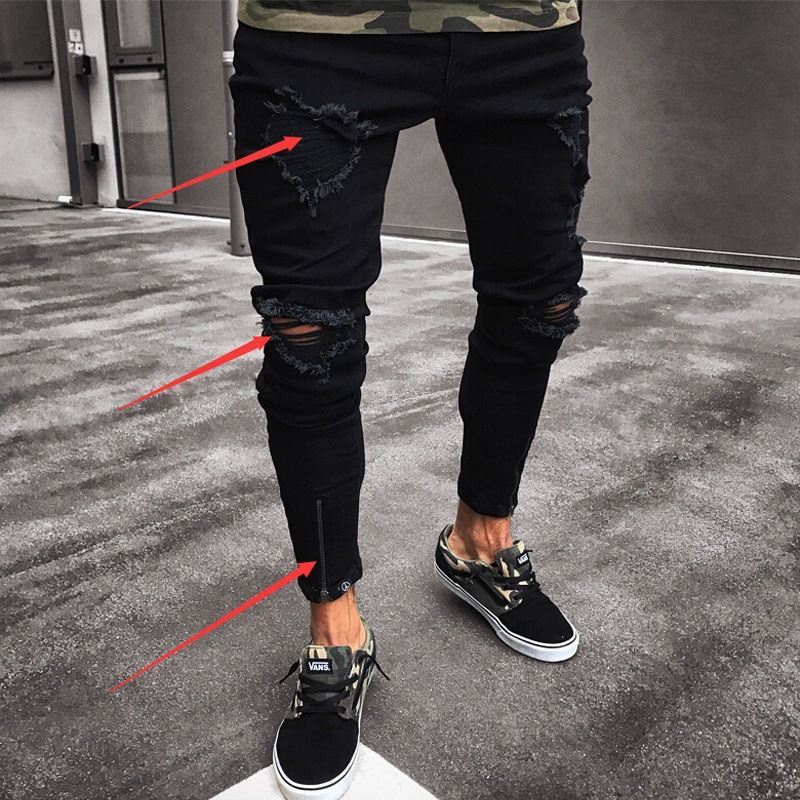 Rock Holes Ripped Jeans Biker Slim Fit 