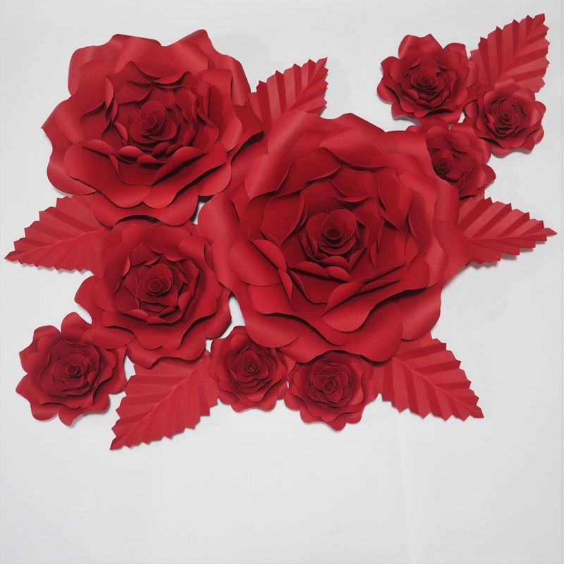 Red Gigant Paper Flowers Artificial Rose 9pcs + 6 hojas para la decoración  de la decoración