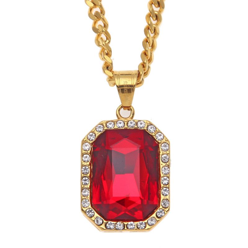 Wholesale Trendy Bling Ruby Pendant Mens Necklace Stainless Steel Gold