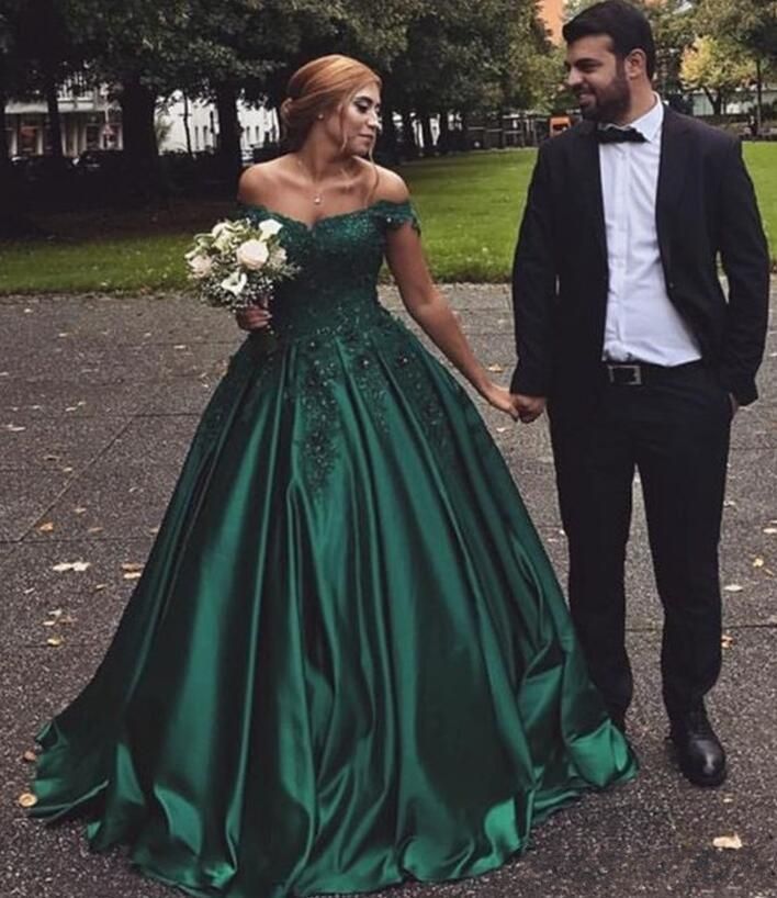 green off the shoulder prom dress