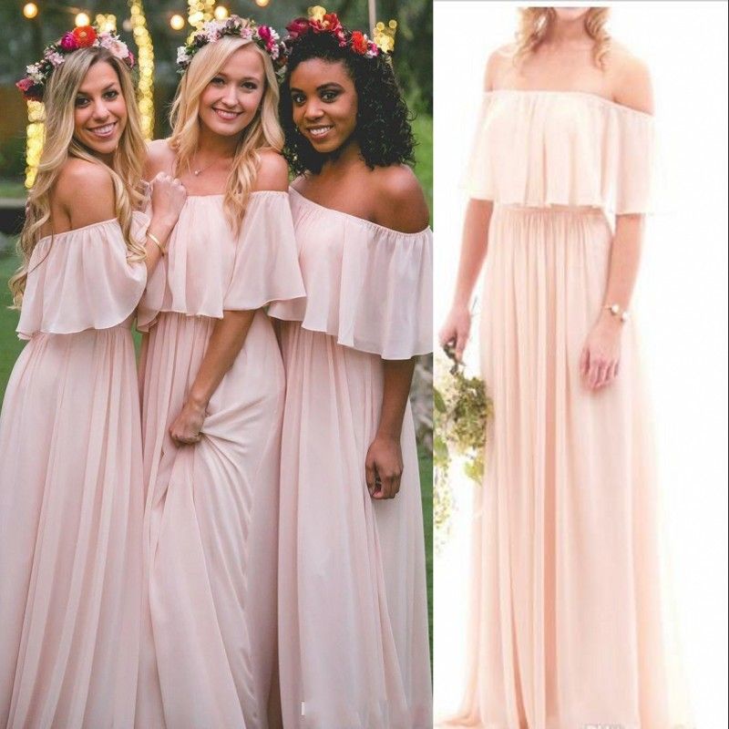 light pink off the shoulder bridesmaid dress