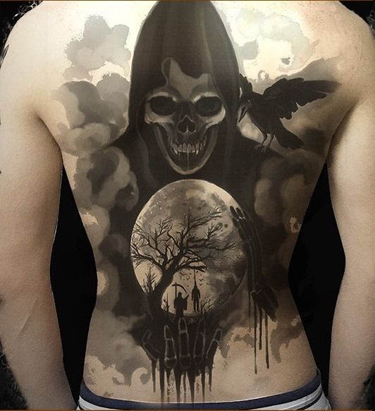 Acheter Autocollant De Tatouage Temporaire Imperméable Complet Du Dos Sinistre Reaper Autocollants De Tatouage De Crâne Flash Tatoo Faux Tatouages