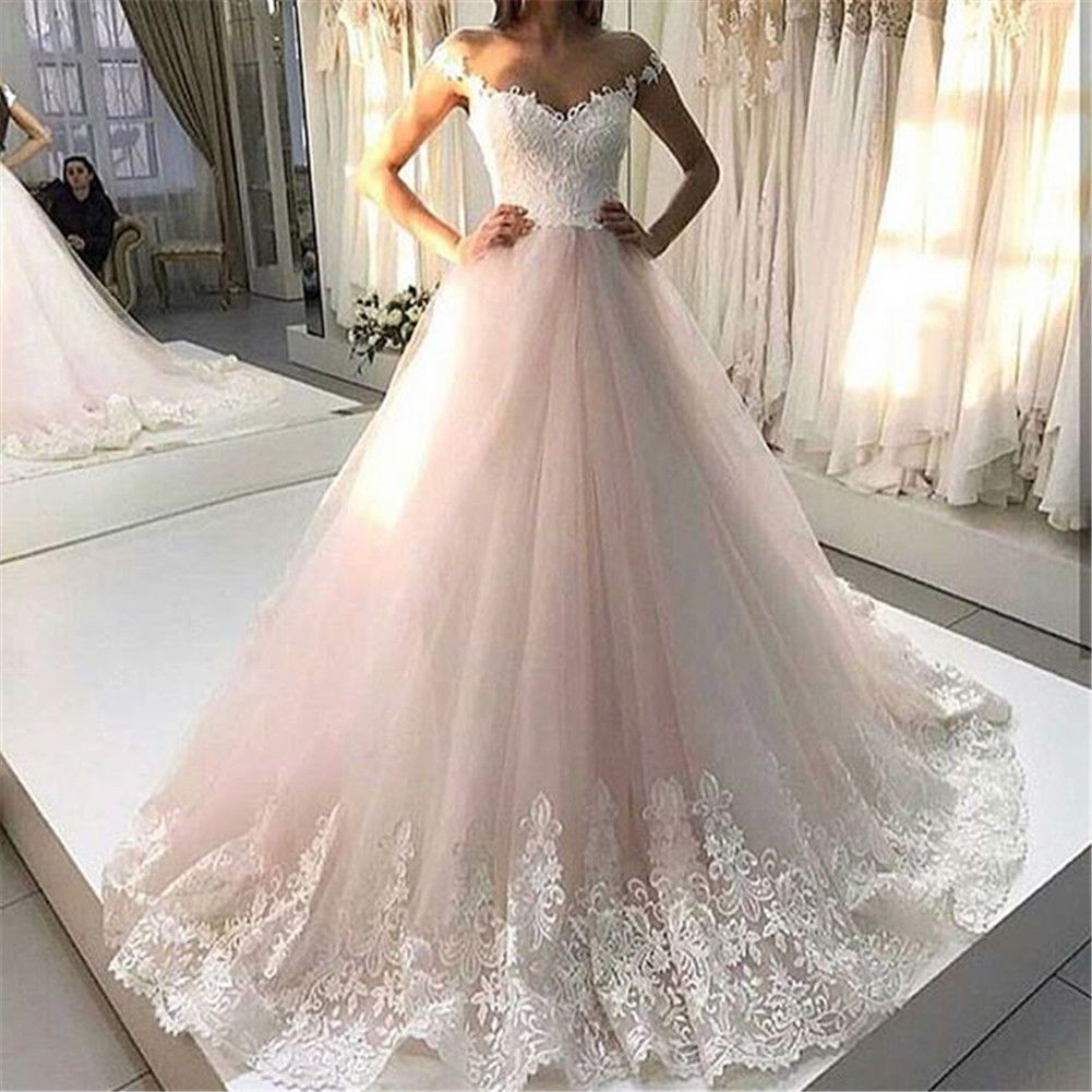 blush off the shoulder wedding dress