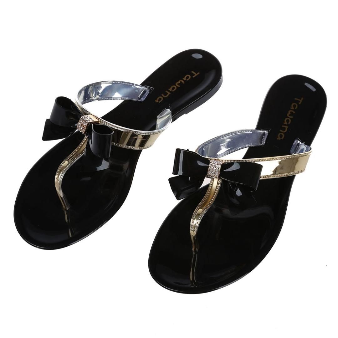 black jelly flip flops with bow