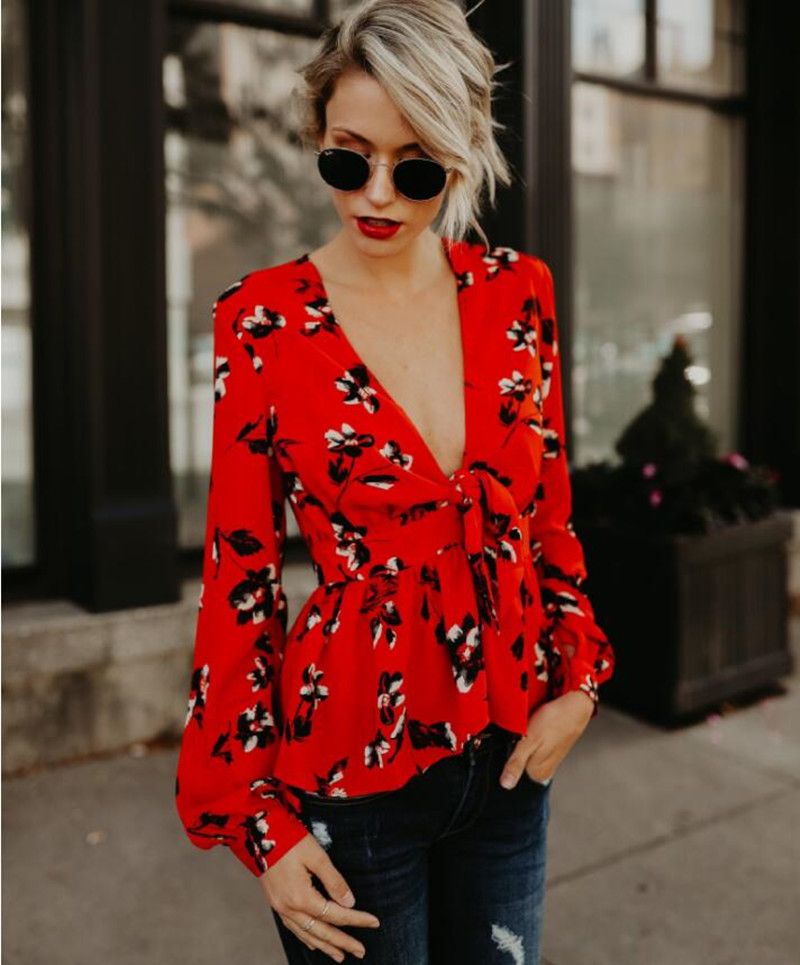Compra 2018 Blusa Roja De Manga Larga De Verano Con Cinturón Mujeres Sexy  Con Cuello En V Camisa De Mujer Elegantes Camisetas De Impresión Ropa Formal  Informal Barato | Entrega Rápida Y