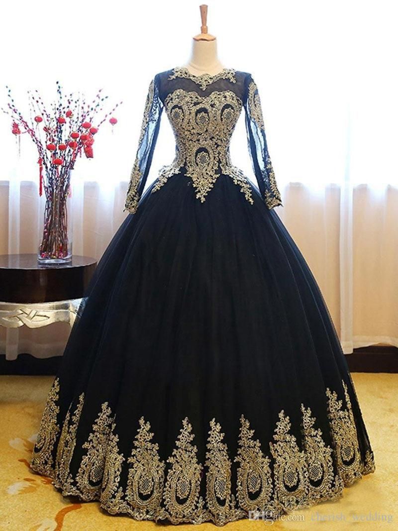 Grosshandel 2018 Neueste Schwarz Gold Spitze Quinceanera Kleider Plus Grosse Sheer Langen Armeln Korsett Zuruck Tull Sweet 16 Party Abend Ballkleid Prom Dress Von Lucky Wedding 112 45 Auf De Dhgate Com Dhgate