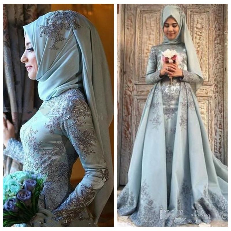 2018 Vestidos de fiesta turcos apliques de encaje Hijab mangas largas línea