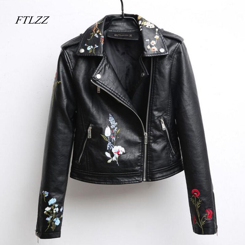 Ftlzz Autumn Embroidered Leather Jacket Women Fashion Slim Vintage Pu Motorcycle Short Design Zipper Black Coats