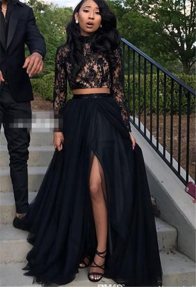Lace Two Piece Black Prom Dresses With 