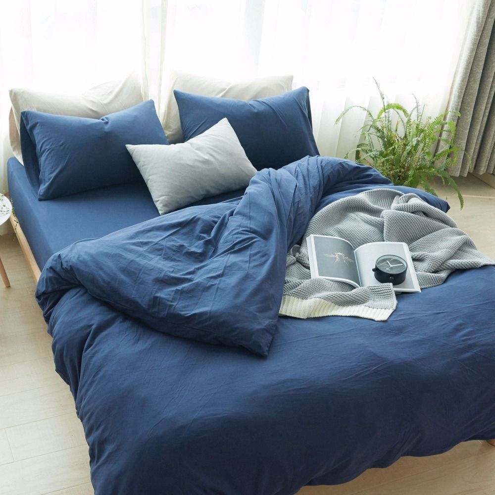 Queen Bedding Set Duvet Cover Fitted Sheet Navy Blue Quilt Cover