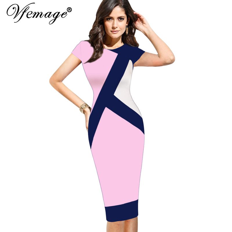 Vfemage Womens Elegant Optical Illusion Colorblock Contrast Modest