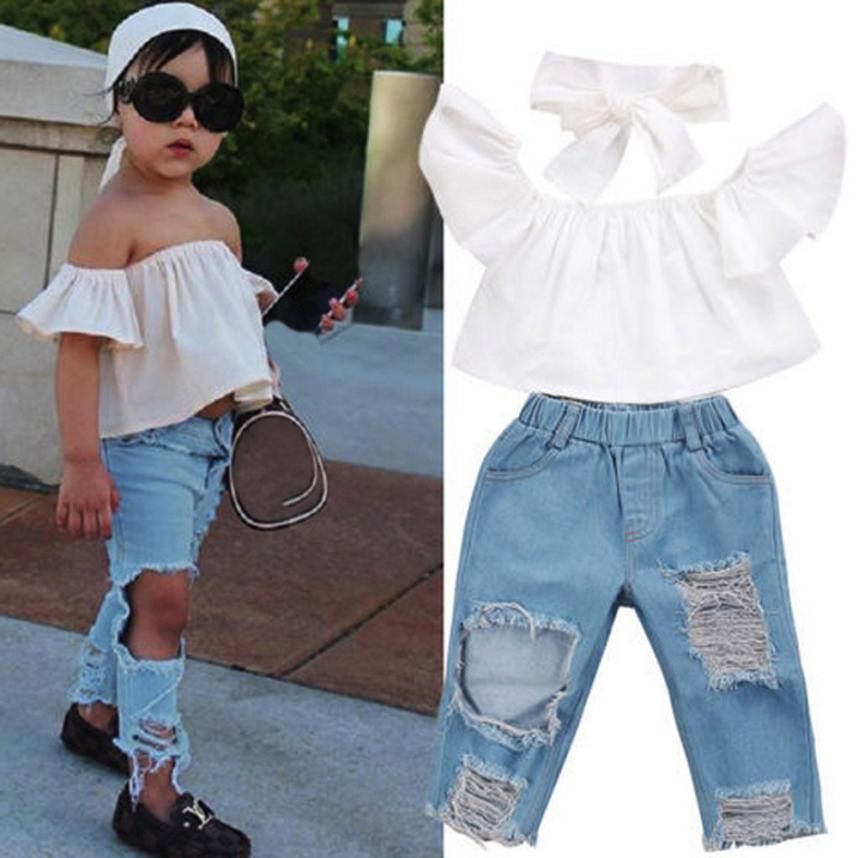 FeMereina Baby Mädchen Jeans Outfits Schulterfreie Rüschen Crop Tops Shirt & Zerrissene Jeans Jeanshose Hosen Set