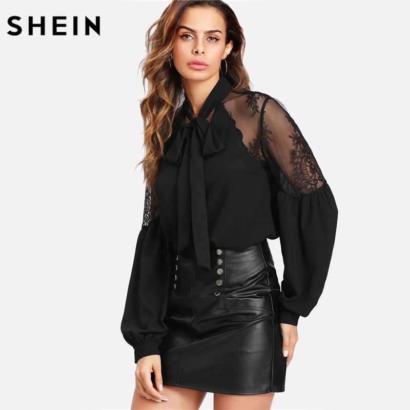 Compra SHEIN Blusa Con Manga Larga De Linterna Negra Tops De Mujer Elegante  Con Estampado De Oficina Blusa Con Cuello En V Informal Top Con Cuello En  Contraste Barato | Entrega Rápida