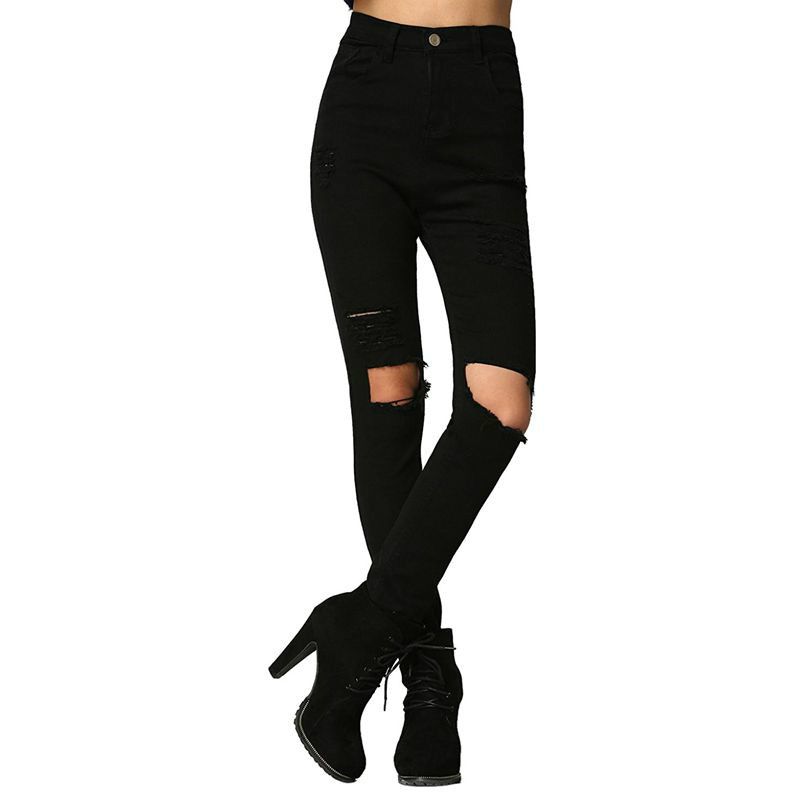 black ripped jeans at the knee