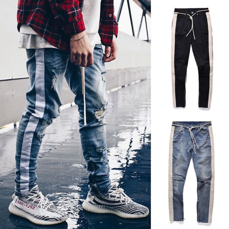 Streetwear Men Jeans Striped Blue Black 