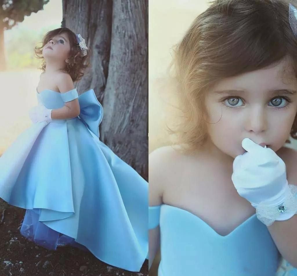 2018 New Style Cute Girls Pageant Dresses With Bow Off The Shoulder A Line High Low Blue Satin Kids Prom Dresses Graduation Gowns UK 2019 From